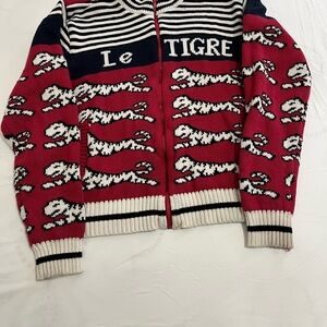 Le Tigre Red and Navy Tiger Patterned Cardigan Sweater Mens Size XL